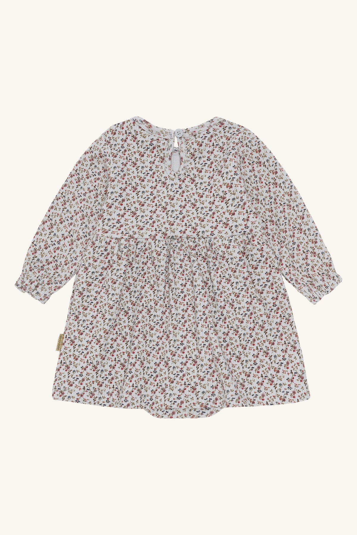 Rückansicht des Hust&Claire Kleids Kristi in Hellblau mit Blumenmuster, erhältlich im Bärechind Winterthur, Zürich Schweiz