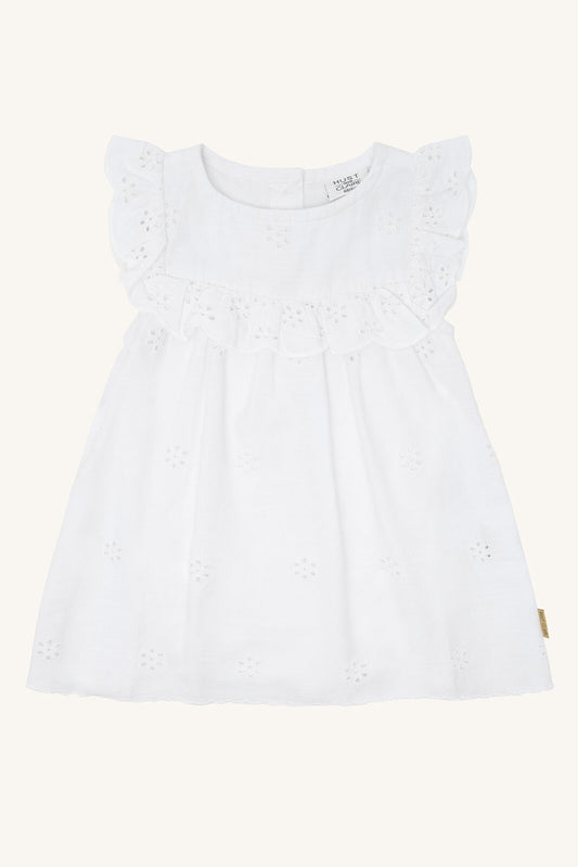 Hust&Claire Kristi Embroidery Kleid aus Baumwolle in Weiss mit Stickerei, Vorderansicht, im Bärechind Winterthur Zürich Schweiz.