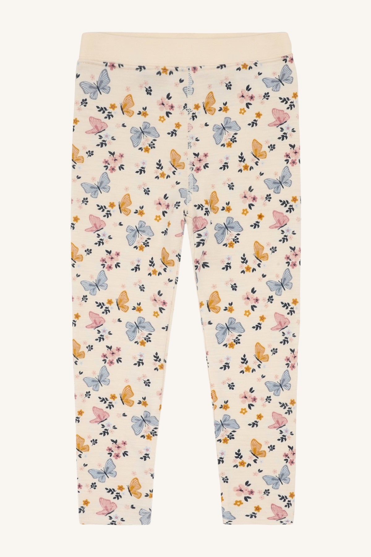 Liro Merino Kinderleggings von Hust & Claire mit Schmetterlingsprint in Off White, Vorderansicht