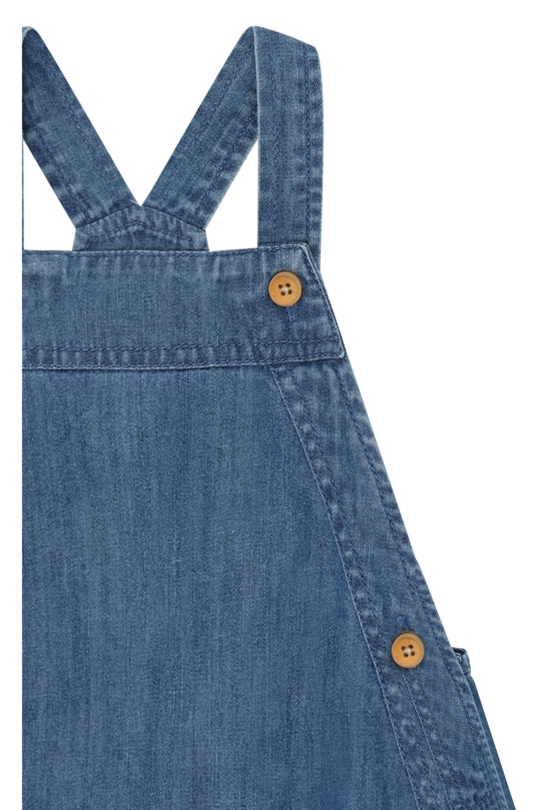Detailaufnahme vom Hust&Claire Maks Overall aus dunkelblauem Baumwoll-Denim bei Bärechind in Winterthur, Zürich, Schweiz.
