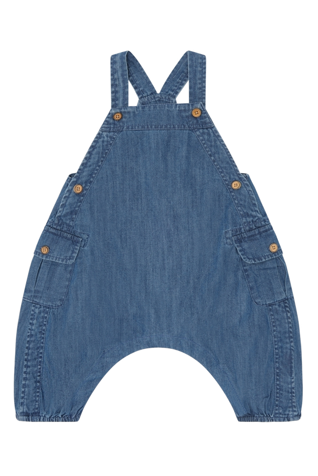 Vorderseite des Hust&Claire Maks Baumwoll-Overalls aus dunkelblauem Denim bei Bärechind in Winterthur, Zürich, Schweiz.