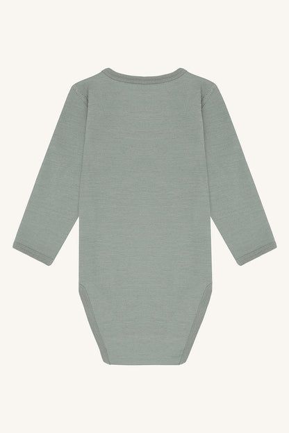 Babybody aus Merinowolle mit Druckknöpfen, Rückansicht in Slate Green