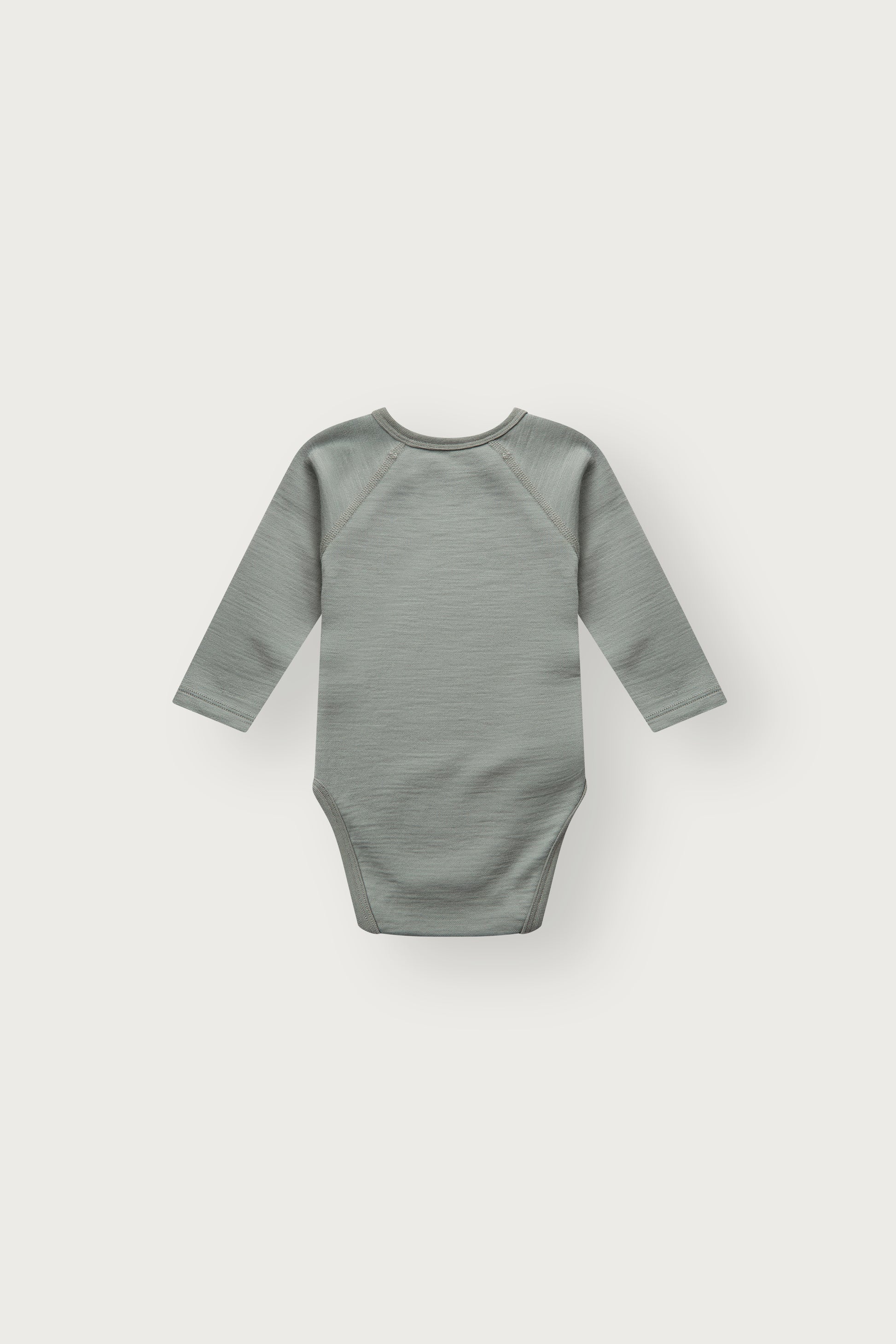Wickelbody aus Merinowolle für Neugeborene, Rückansicht in Slate Green