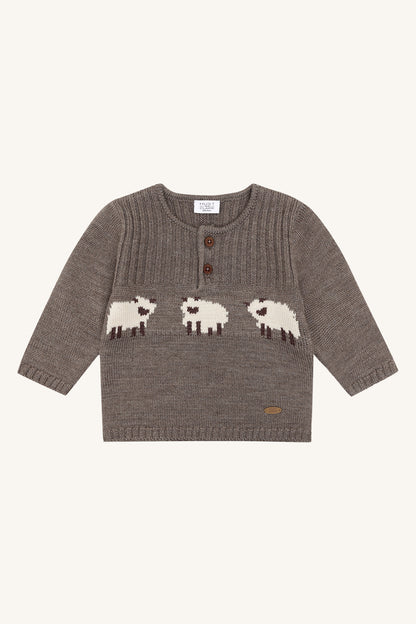 Hust & Claire Pil Wollpullover Deer Melange mit drei eingestrickten Schafen