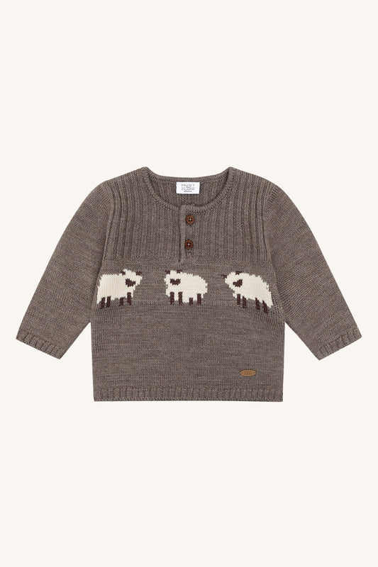 Hust & Claire Pil Wollpullover Deer Melange mit drei eingestrickten Schafen