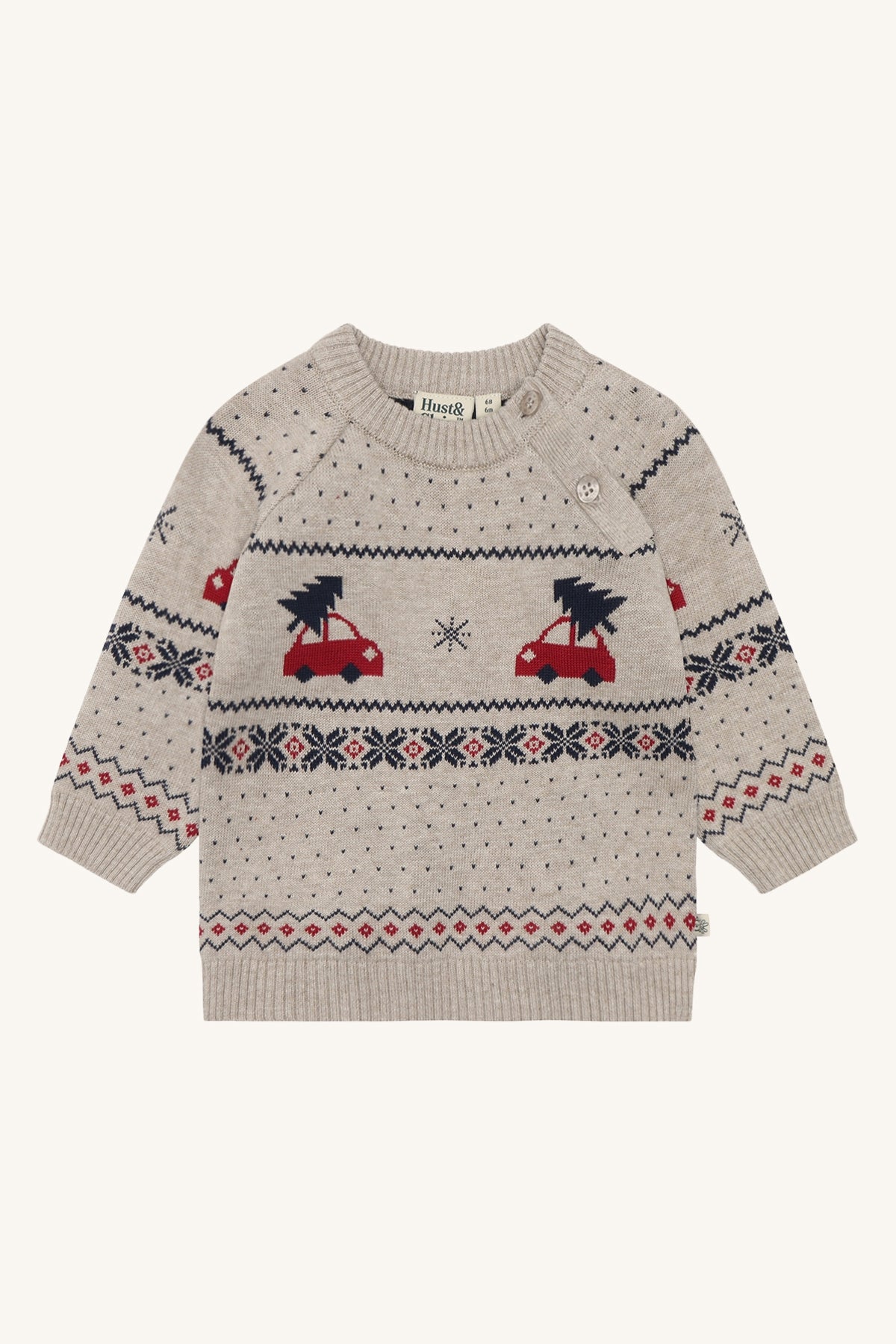 Hust & Claire Pilou Baby Strickpullover in Beige Melange mit roten Weihnachtsautos und Norwegermuster, Vorderansicht