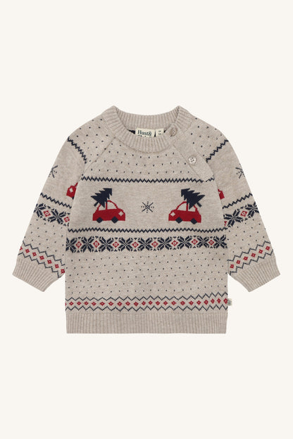 Hust & Claire Pilou Baby Strickpullover in Beige Melange mit roten Weihnachtsautos und Norwegermuster, Vorderansicht