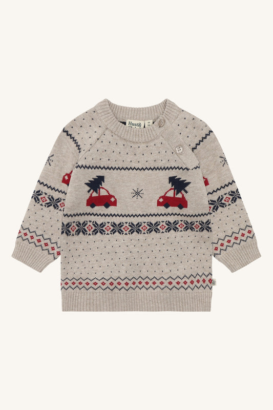 Hust & Claire Pilou Baby Strickpullover in Beige Melange mit roten Weihnachtsautos und Norwegermuster, Vorderansicht