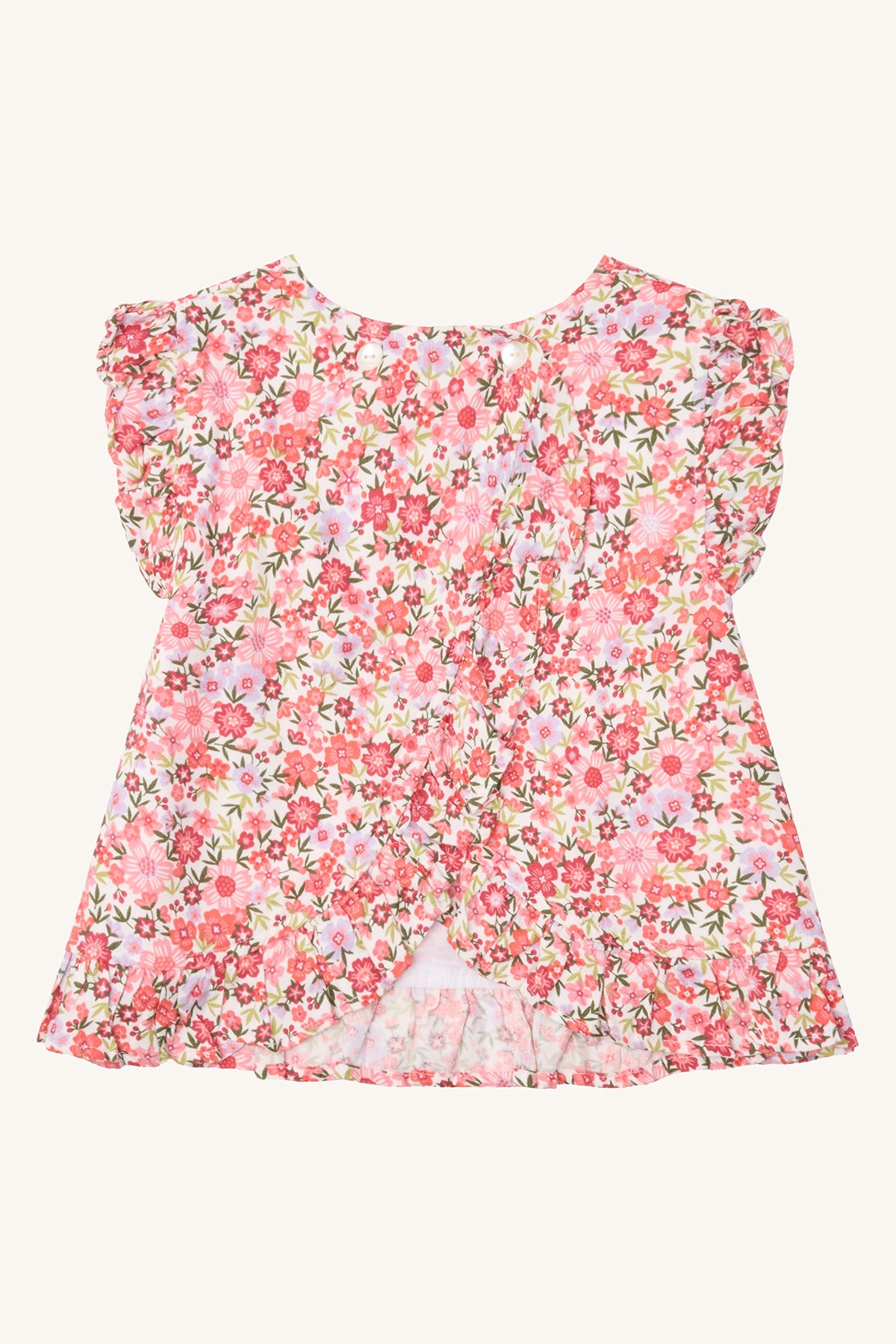 Rückansicht der Hust & Claire Roselyn Sommerbluse mit Blumenprint, leicht ausgestelltem Schnitt und Knopfleiste am Rücken.