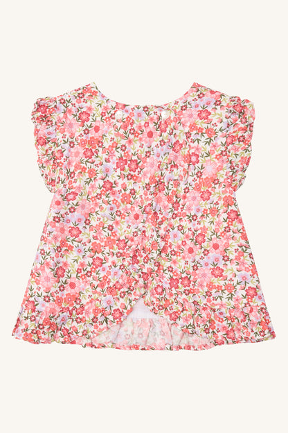 Rückansicht der Hust & Claire Roselyn Sommerbluse mit Blumenprint, leicht ausgestelltem Schnitt und Knopfleiste am Rücken.