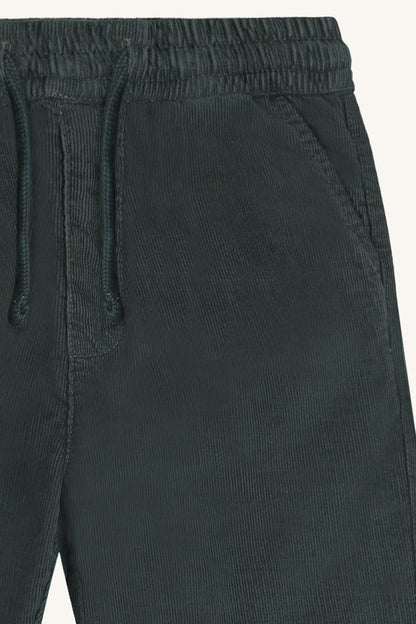 Elastischer Bund und Kordelzug der Trevor Cordhose in Balsam Green im Detail