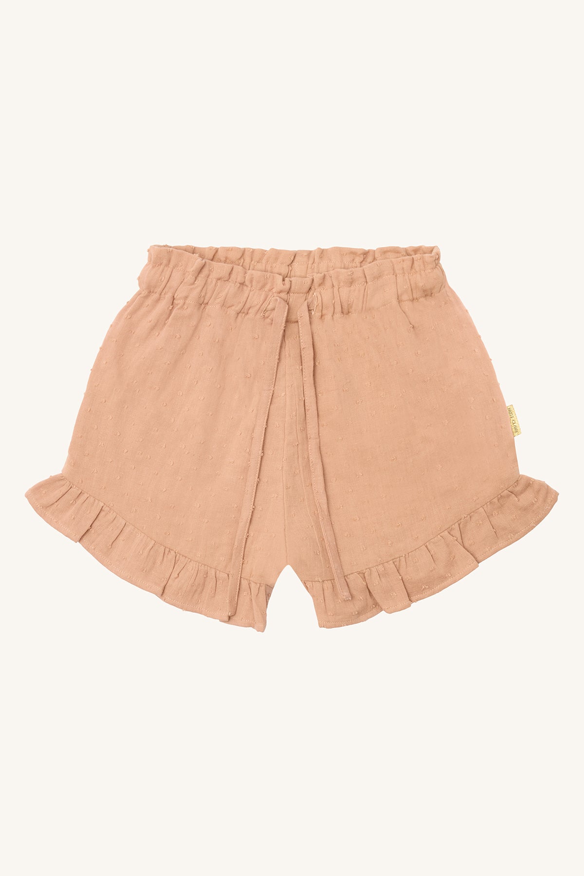 Bio-Kindershorts von Hust & Claire in warmem Sandton mit Rüschendetails – Vorderansicht, erhältlich bei Bärechind in Winterthur, Zürich, Schweiz.