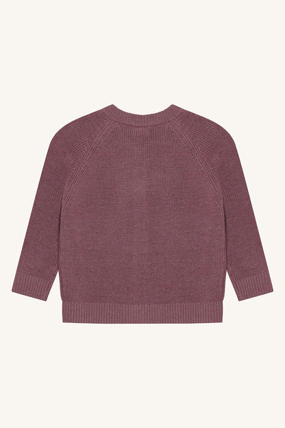 Rückansicht des Hust&Claire Curi Wollstrick Jäckchens aus 100% Wolle bei Bärechind Winterthur, Zürich, Schweiz.