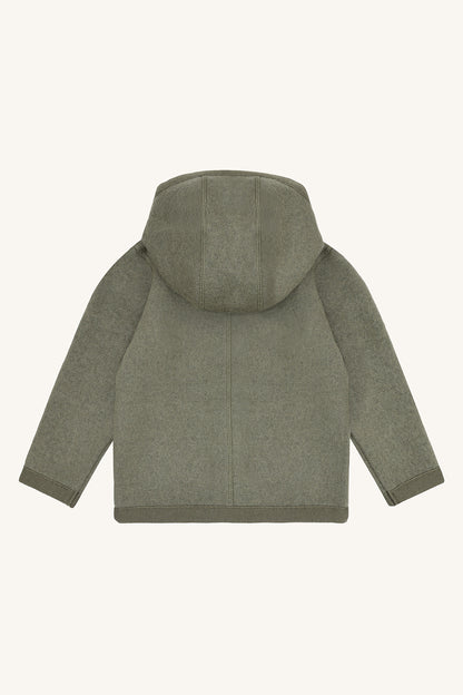 Rückansicht der Hust&Claire Ebba Wollwalk Jacke mit Kapuze, erhältlich bei Bärechind Winterthur, Zürich, Schweiz.