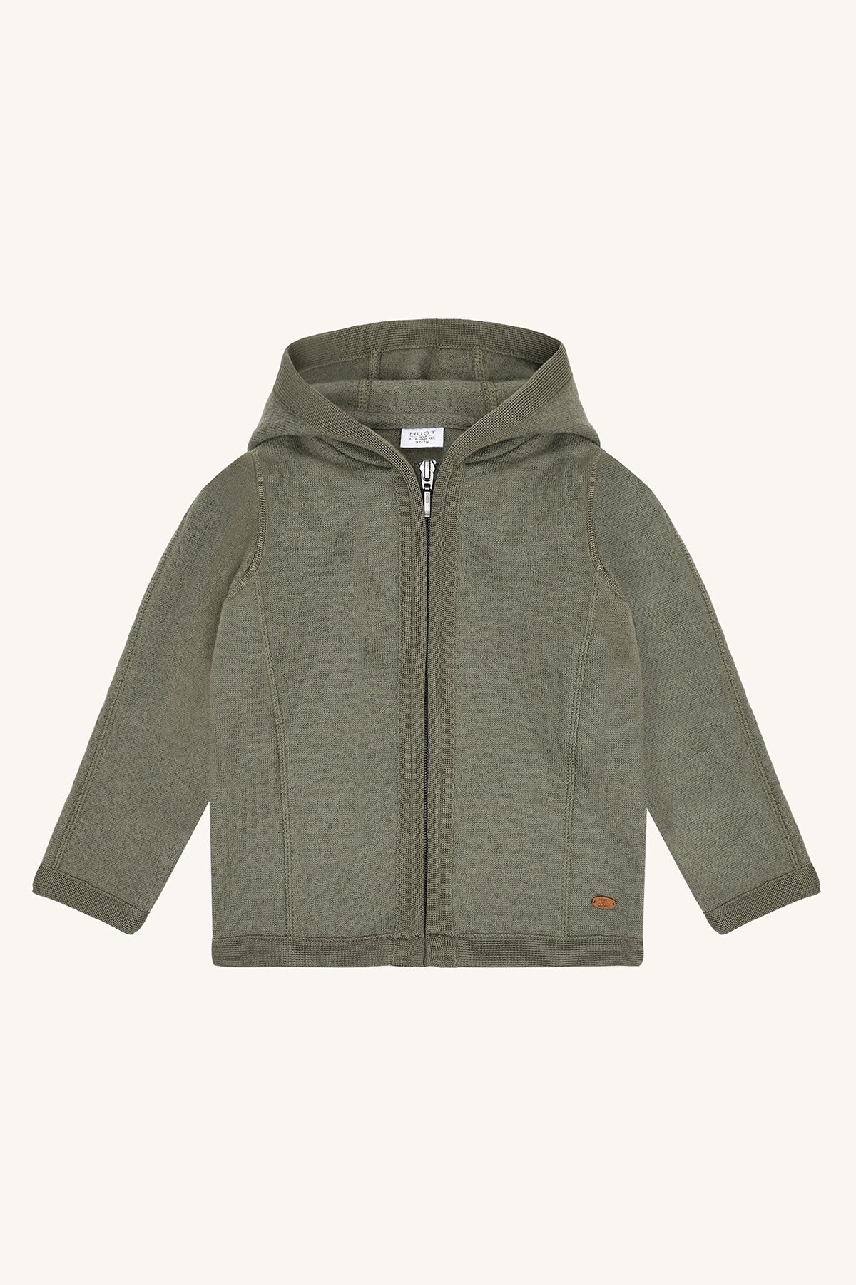 Hust&Claire Ebba Wollwalk Jacke mit Kapuze in Grün, Vorderansicht bei Bärechind kaufen in Winterthur, Zürich, Schweiz.