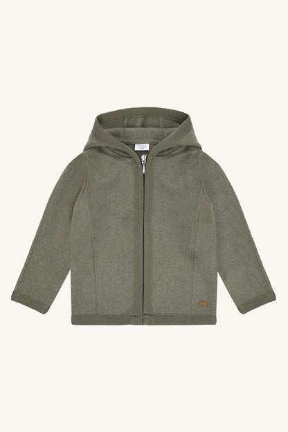 Hust&Claire Ebba Wollwalk Jacke mit Kapuze in Grün, Vorderansicht bei Bärechind kaufen in Winterthur, Zürich, Schweiz.