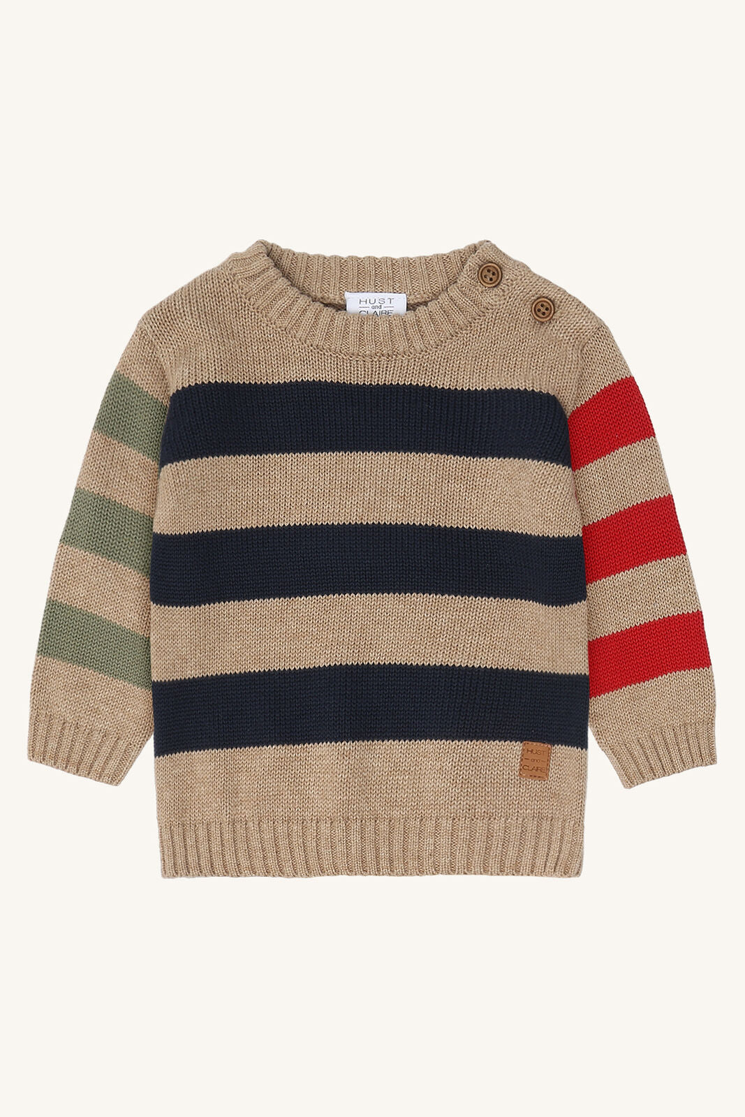 Hust&Claire Strickpullover Pelle aus 100% Baumwolle, gestreift in Beige, Navy, Rot und Grün – erhältlich bei Bärechind in Winterthur, Zürich, Schweiz.