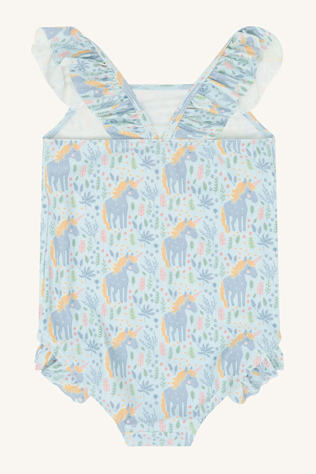 Rückansicht des Madiken Badeanzugs von Hust&Claire mit Einhornmotiv, Bärechind Winterthur, Zürich, Schweiz.