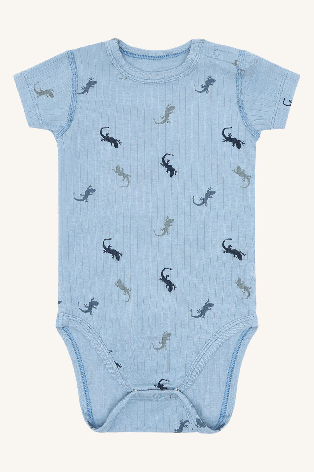 Bambus Body Buller von Hust&Claire in Hellblau mit Eidechsenmuster, Vorderansicht, Bärechind Winterthur, Zürich, Schweiz.