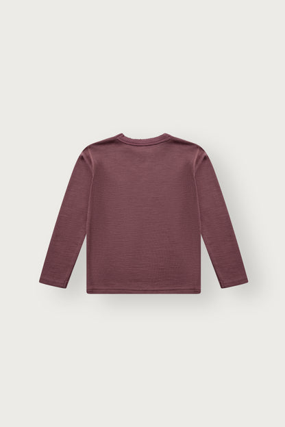 Rückansicht des Langarmshirts aus Wolle und Bambus-Viskose in Altrosa
