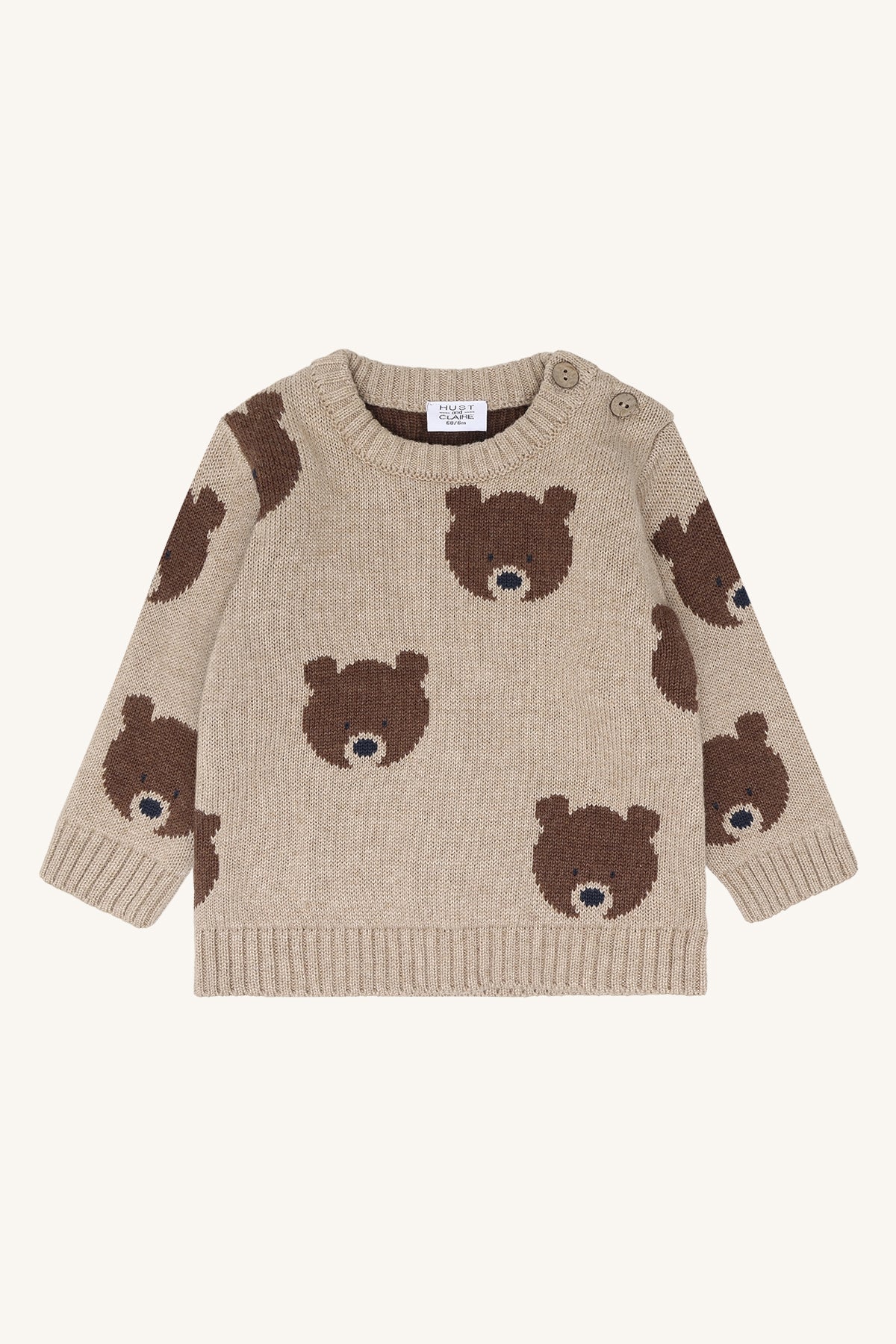 Pilou Bärenn Strickpullover mit Bärenmotiv in Beige Melange, Vorderansicht