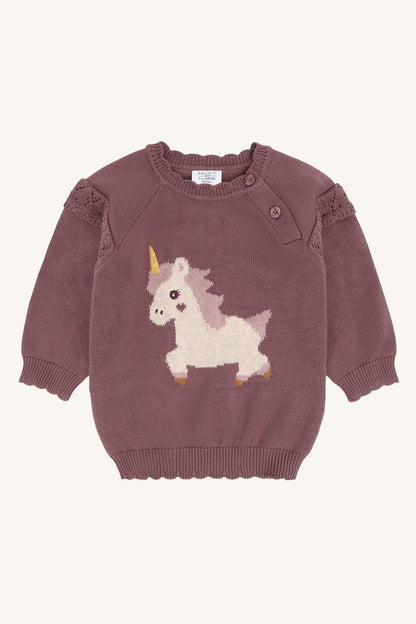 Pusle Magic Strickpullover mit Einhornmotiv in Plum, Vorderansicht