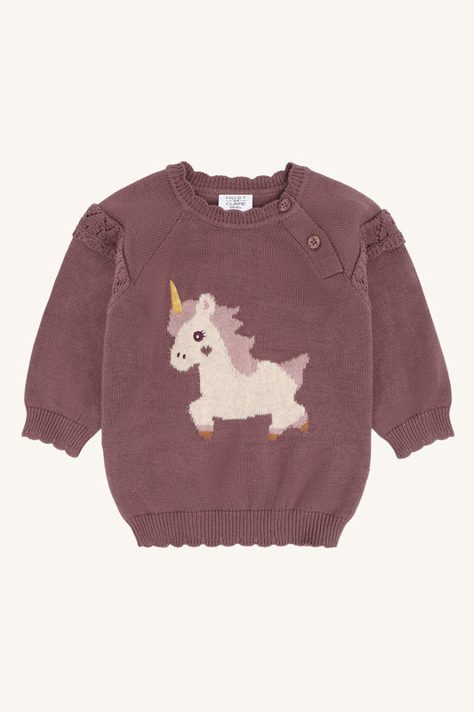 Pusle Magic Strickpullover mit Einhornmotiv in Plum, Vorderansicht