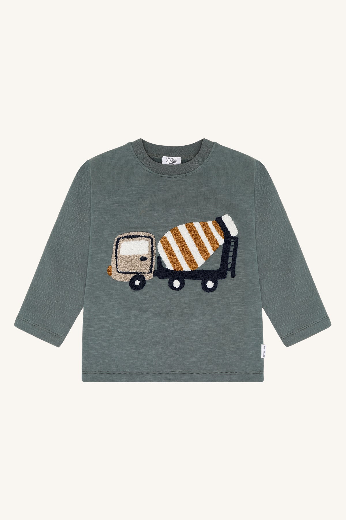 Langarmshirt aus Bio-Baumwolle mit gesticktem Betonmischer, geeignet für aktive Kindertage