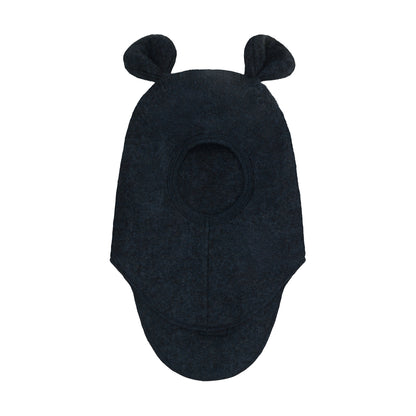 Seitenansicht der Merino Schlupfmütze mit Bärenohren in Dark Navy
