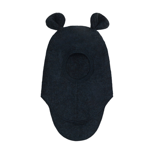 Seitenansicht der Merino Schlupfmütze mit Bärenohren in Dark Navy