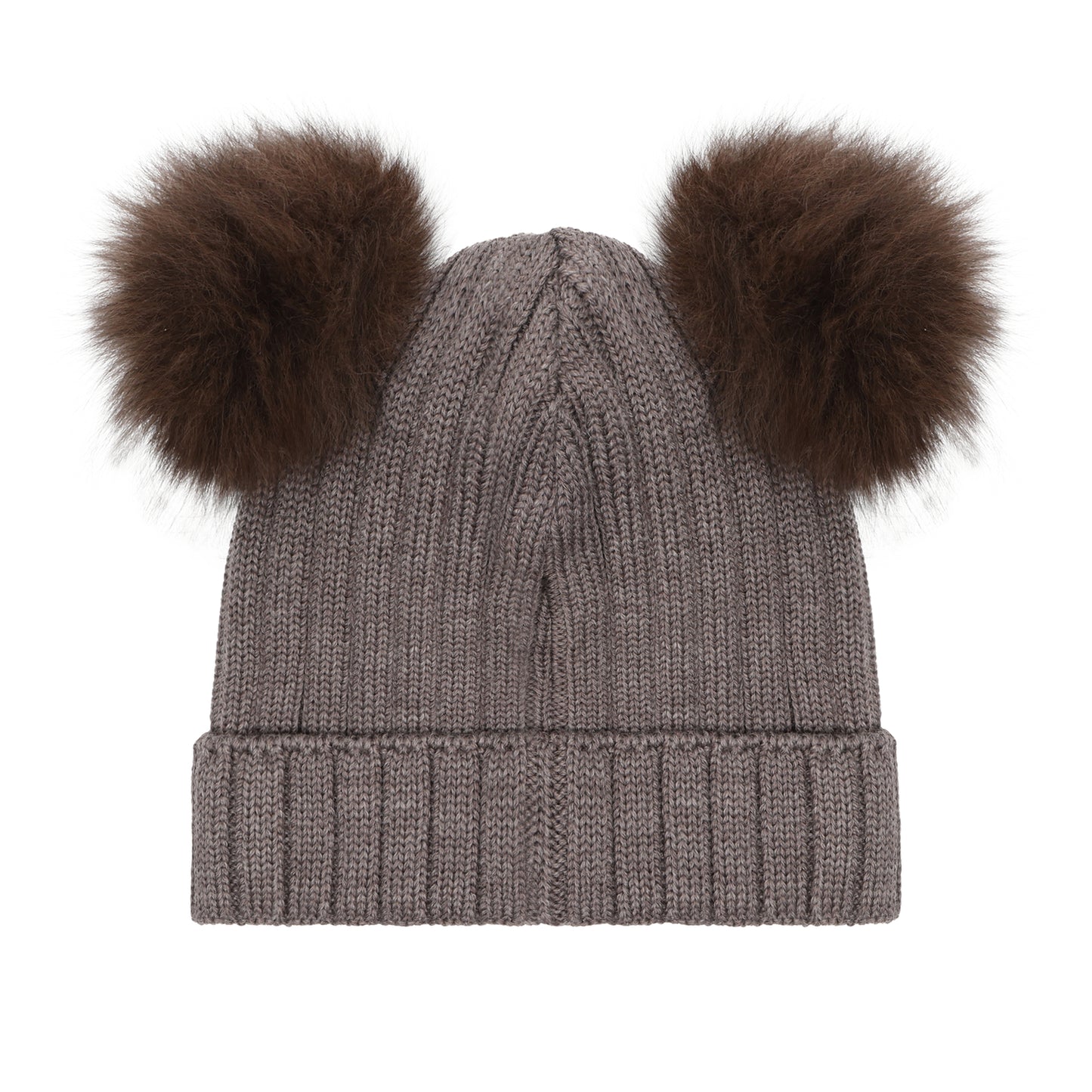 Rückansicht der Merino Strickmütze mit Bommeln in Brown