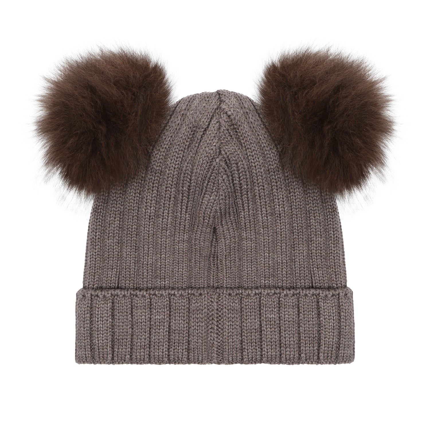 Rückansicht der Merino Strickmütze mit Bommeln in Brown
