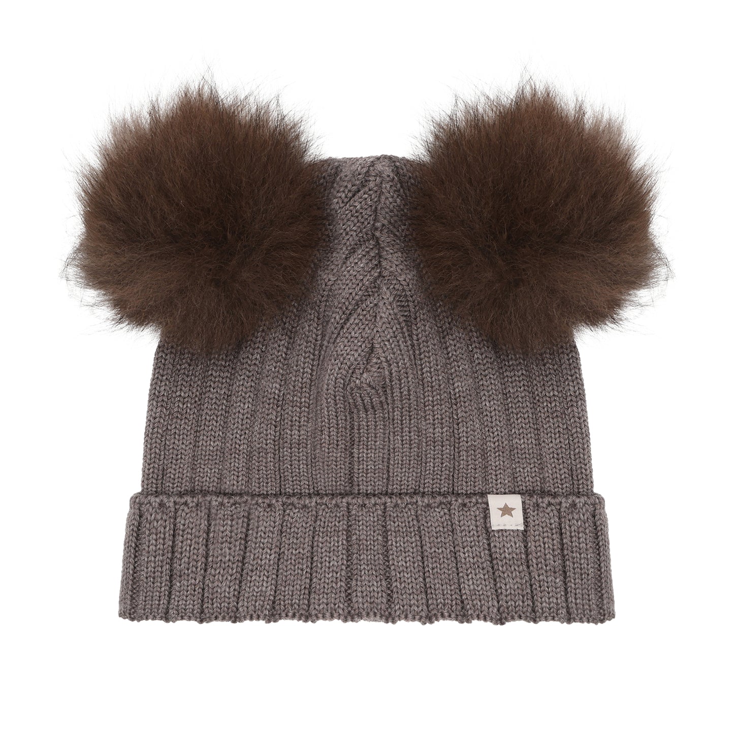 Huttelihut Merino Strickmütze mit Bommeln in Brown, Vorderansicht