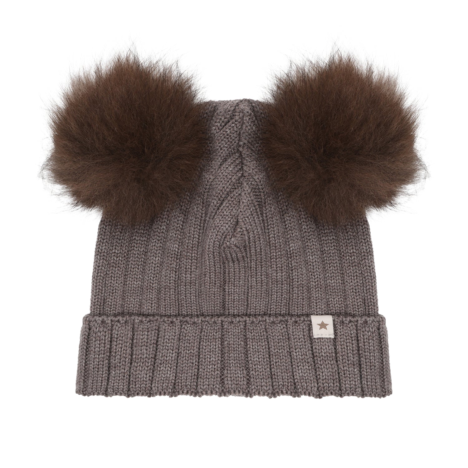 Huttelihut Merino Strickmütze mit Bommeln in Brown, Vorderansicht