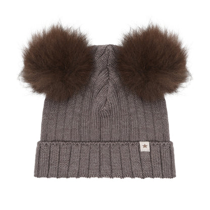 Huttelihut Merino Strickmütze mit Bommeln in Brown, Vorderansicht