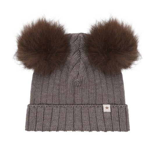 Huttelihut Merino Strickmütze mit Bommeln in Brown, Vorderansicht