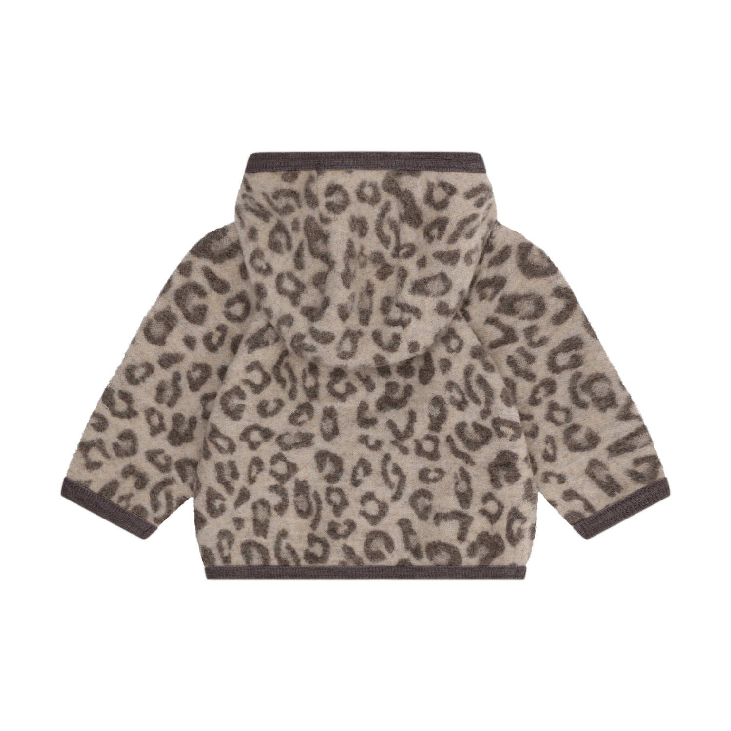 Rückansicht der Merino Wollfleece Jacke mit Leopardenprint in Brown