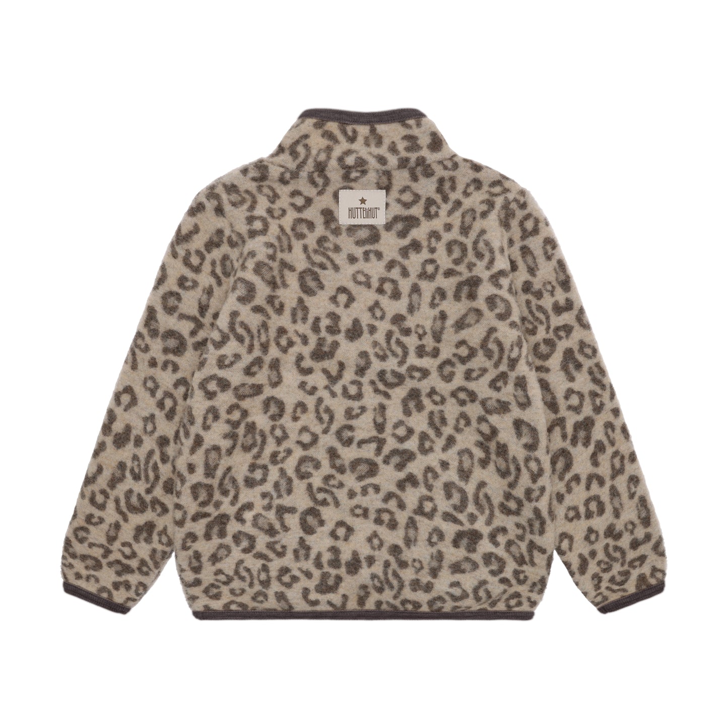 Rückansicht der Merino Wollfleece Jacke mit Leopardenprint in Brown