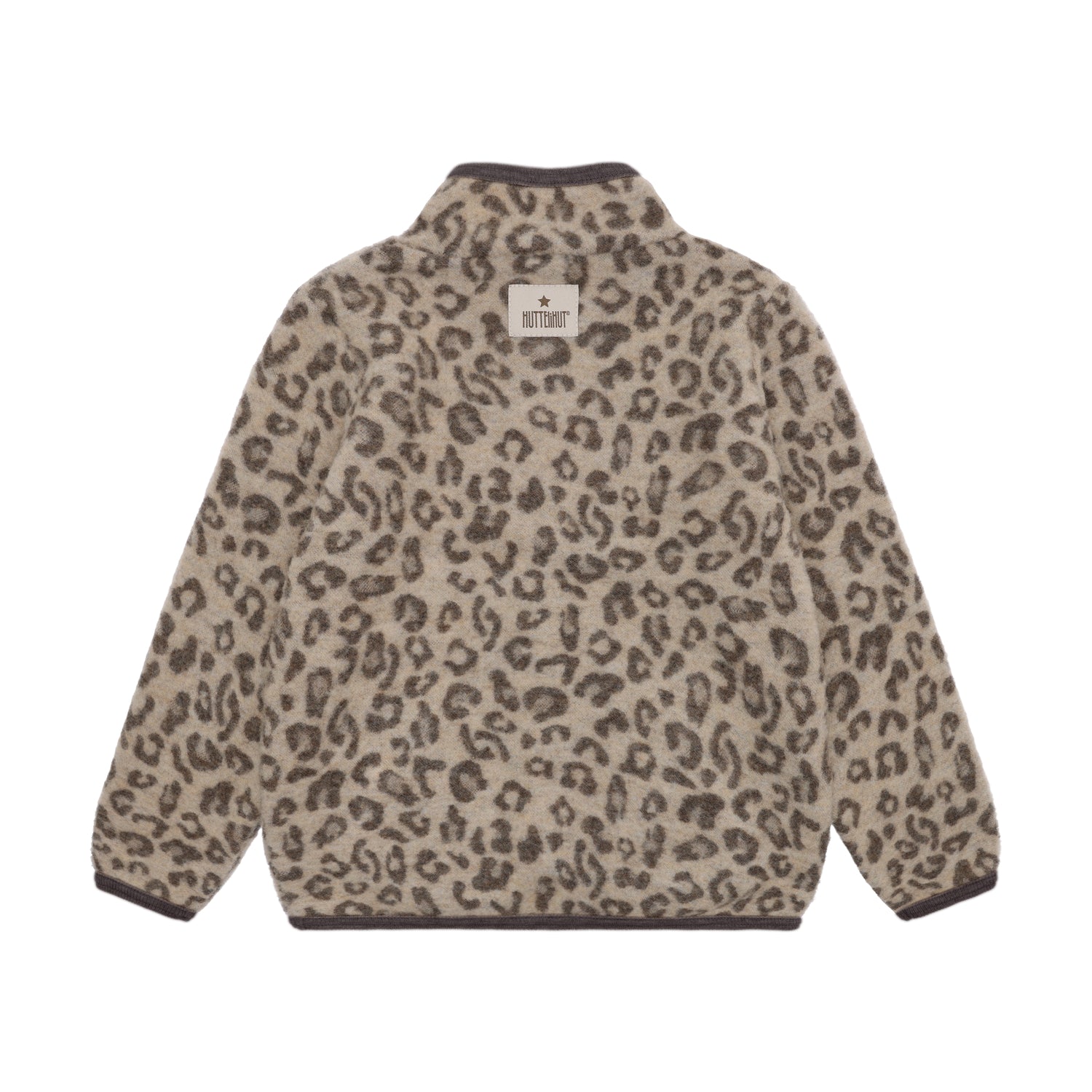 Rückansicht der Merino Wollfleece Jacke mit Leopardenprint in Brown