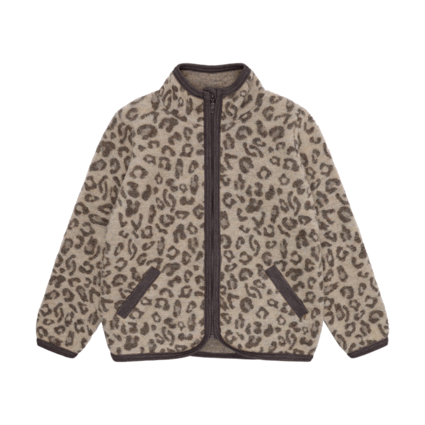 Huttelihut Merino Wollfleece Jacke mit Leopardenprint in Brown, Vorderansicht