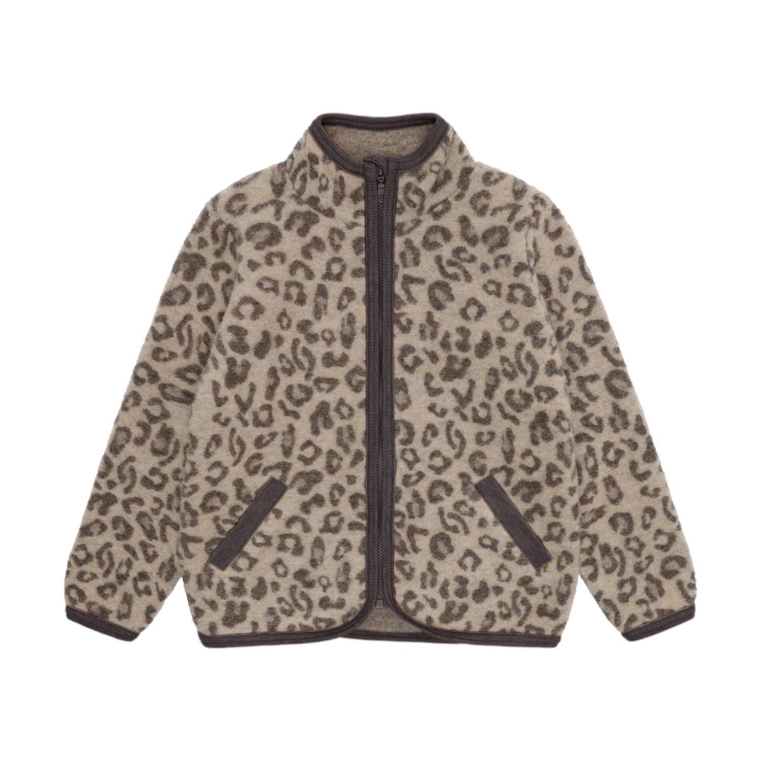 Huttelihut Merino Wollfleece Jacke mit Leopardenprint in Brown, Vorderansicht