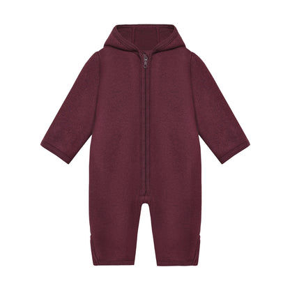 Huttelihut Merino Wollfleece Overall mit Kapuze in der Farbe Burgundy, Vorderansicht