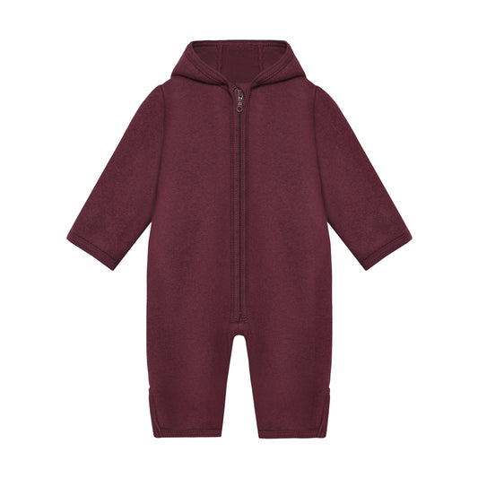 Huttelihut Merino Wollfleece Overall mit Kapuze in der Farbe Burgundy, Vorderansicht