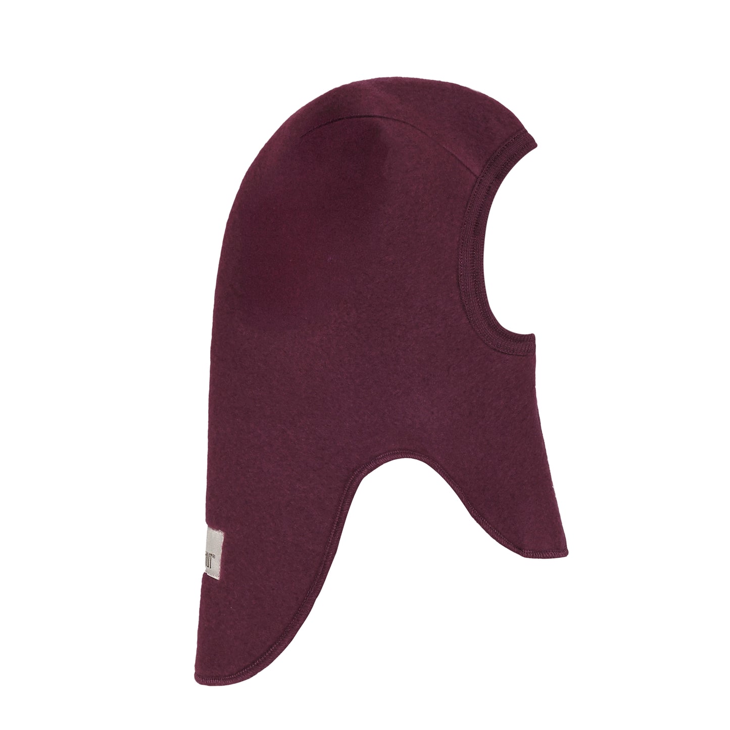 Seitenansicht der Merino Wollfleece Schlupfmütze in Burgundy