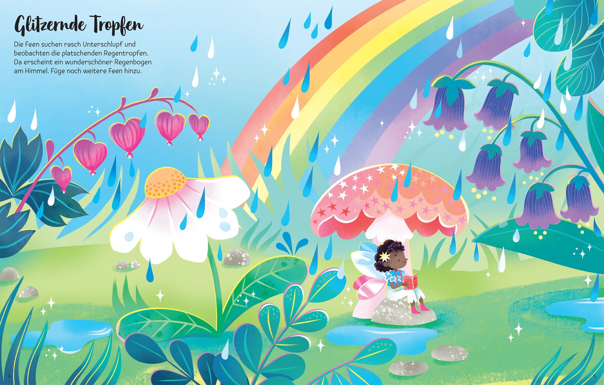 Innenansicht Stickerbuch Funkelnde Feen mit Regenbogen und Feen-Szene, Bärechind Winterthur, Zürich Schweiz.