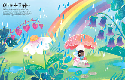 Innenansicht Stickerbuch Funkelnde Feen mit Regenbogen und Feen-Szene, Bärechind Winterthur, Zürich Schweiz.