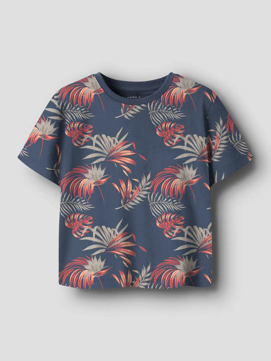 T-Shirt kurzarm mit Tropical Muster, blau