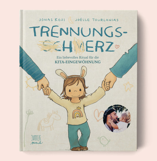 Cover des Bilderbuchs Trennungsherz von Jupitermond Verlag, Kind hebt zum Abschied die Hand mit gemaltem Herz