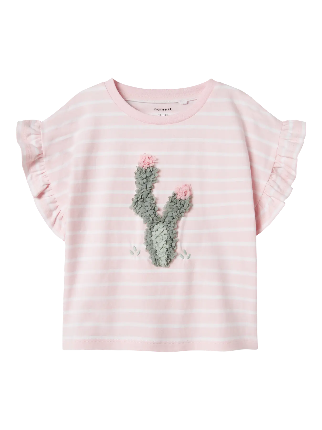 Kinder T-Shirt von name it in Rosa mit Kaktus-Motiv und Rüschenärmeln – Vorderansicht