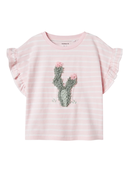 Kinder T-Shirt von name it in Rosa mit Kaktus-Motiv und Rüschenärmeln – Vorderansicht
